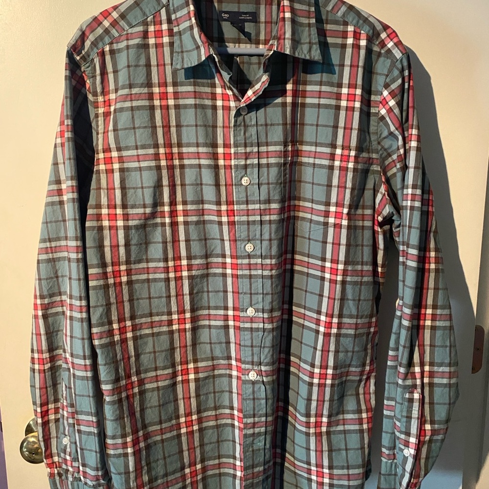 Gap Men's Plaid Shirt - Blue and Red Size Large